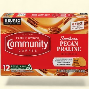 Treatspree Community Coffee Southern Pecan Praline K-Cup Pods, 12 count. Artificially flavored coffee with creamy praline and sweet pecan notes.
