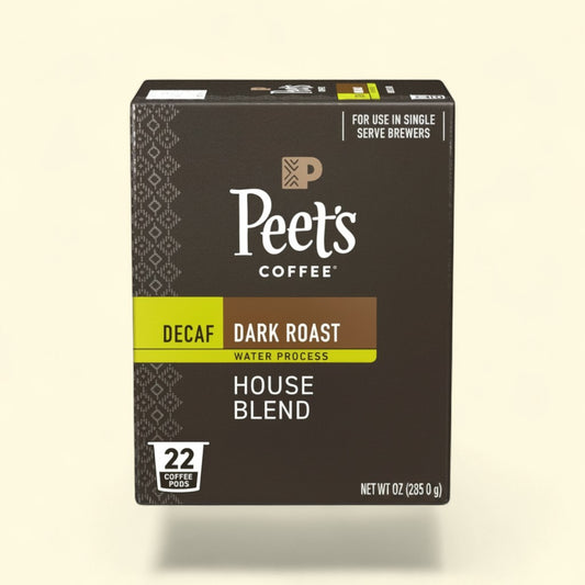Treatspree Peet's Coffee Decaf House Blend dark roast coffee pods, 22 count, water process decaf.