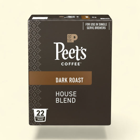 Treatspree Peet's Coffee House Blend Dark Roast single serve coffee pods, 22 count box with one pod shown.