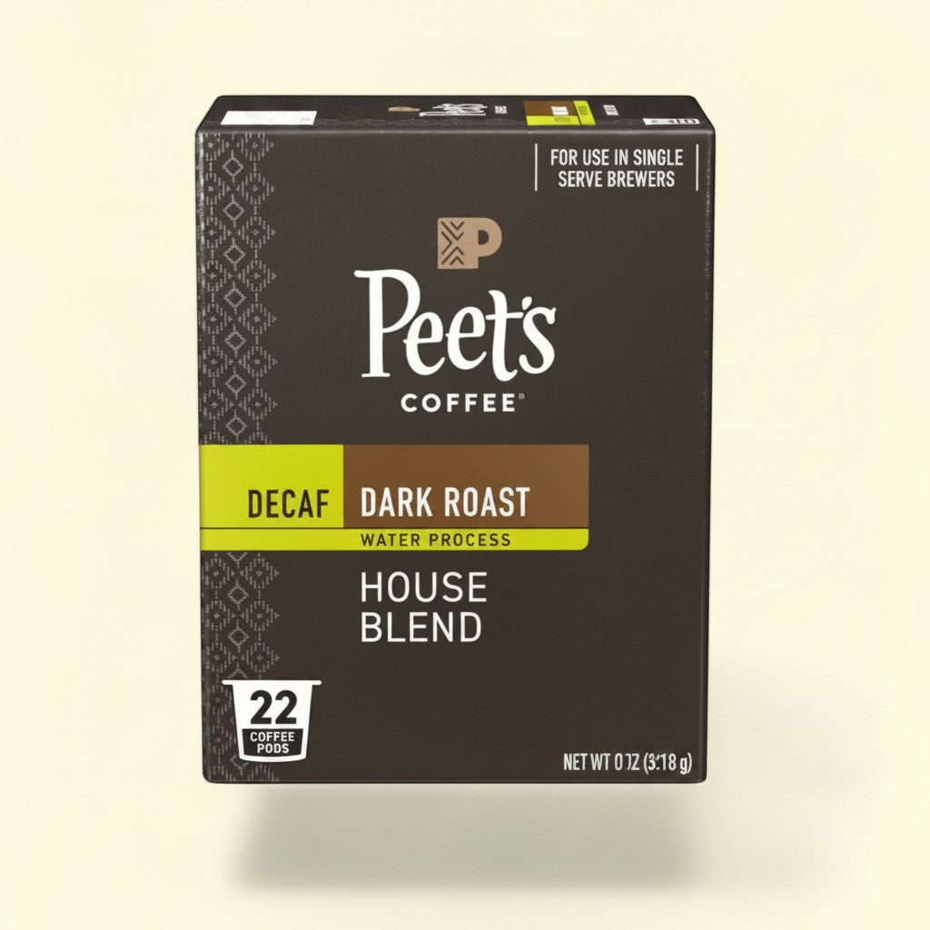 Treatspree Peet's Coffee House Dark Roast Decaf single serve coffee pods, 22 count. Water process decaf blend.