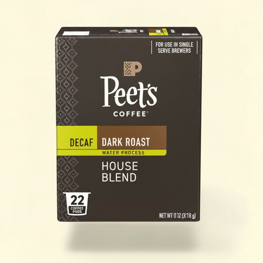 Treatspree Peet's Coffee House Dark Roast Decaf single serve coffee pods, 22 count. Water process decaf blend.