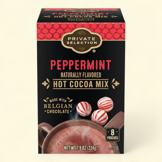 Treatspree Private Selection Peppermint Hot Cocoa Mix, 8 pouches, made with Belgian chocolate. Includes candy canes and a mug of cocoa.