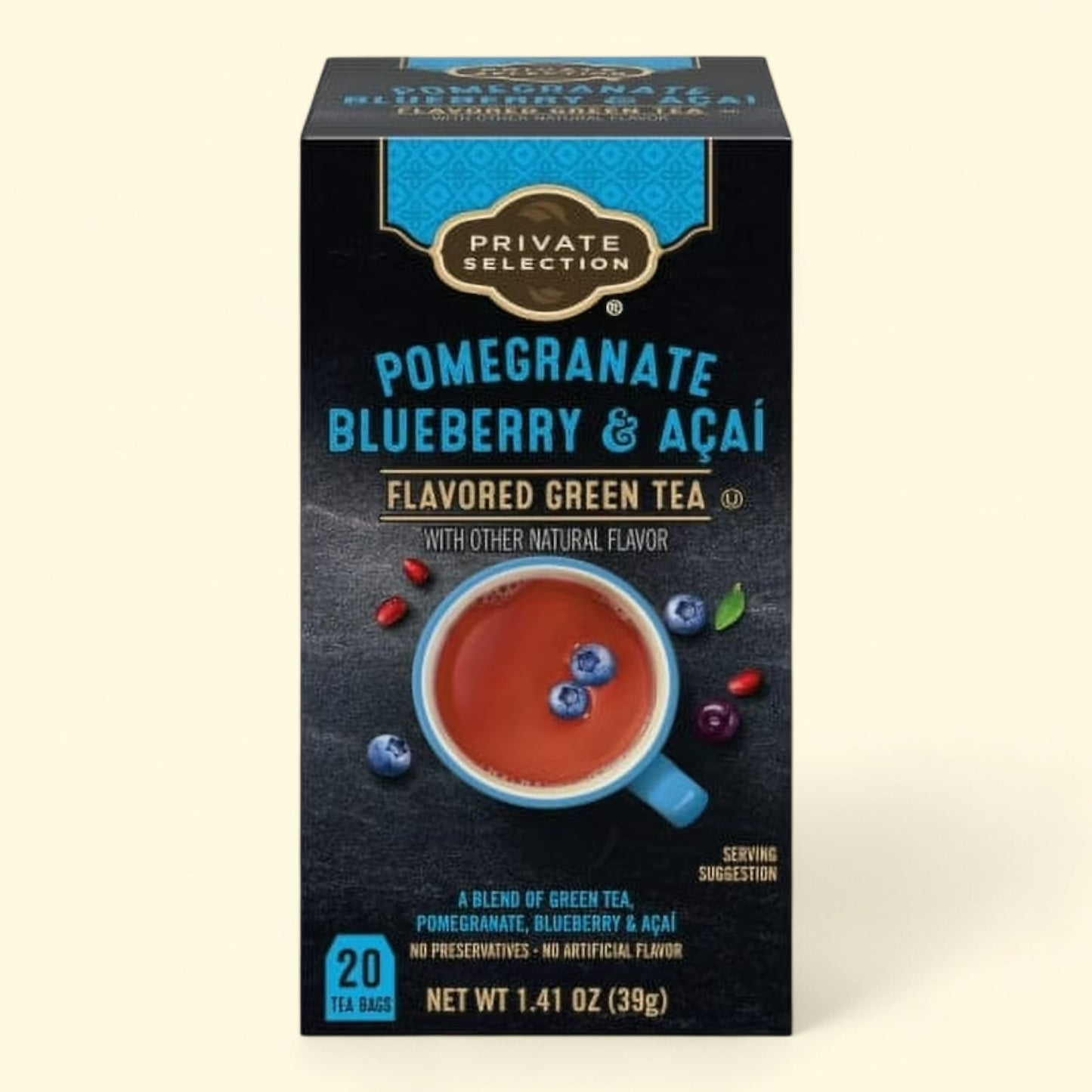 Treatspree Private Selection Pomegranate Blueberry & Acai flavored green tea box with 20 tea bags. Features a cup of tea with blueberries.