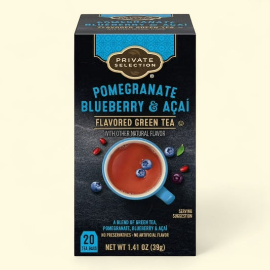 Treatspree Private Selection Pomegranate Blueberry & Acai flavored green tea box with 20 tea bags. Features a cup of tea with blueberries.