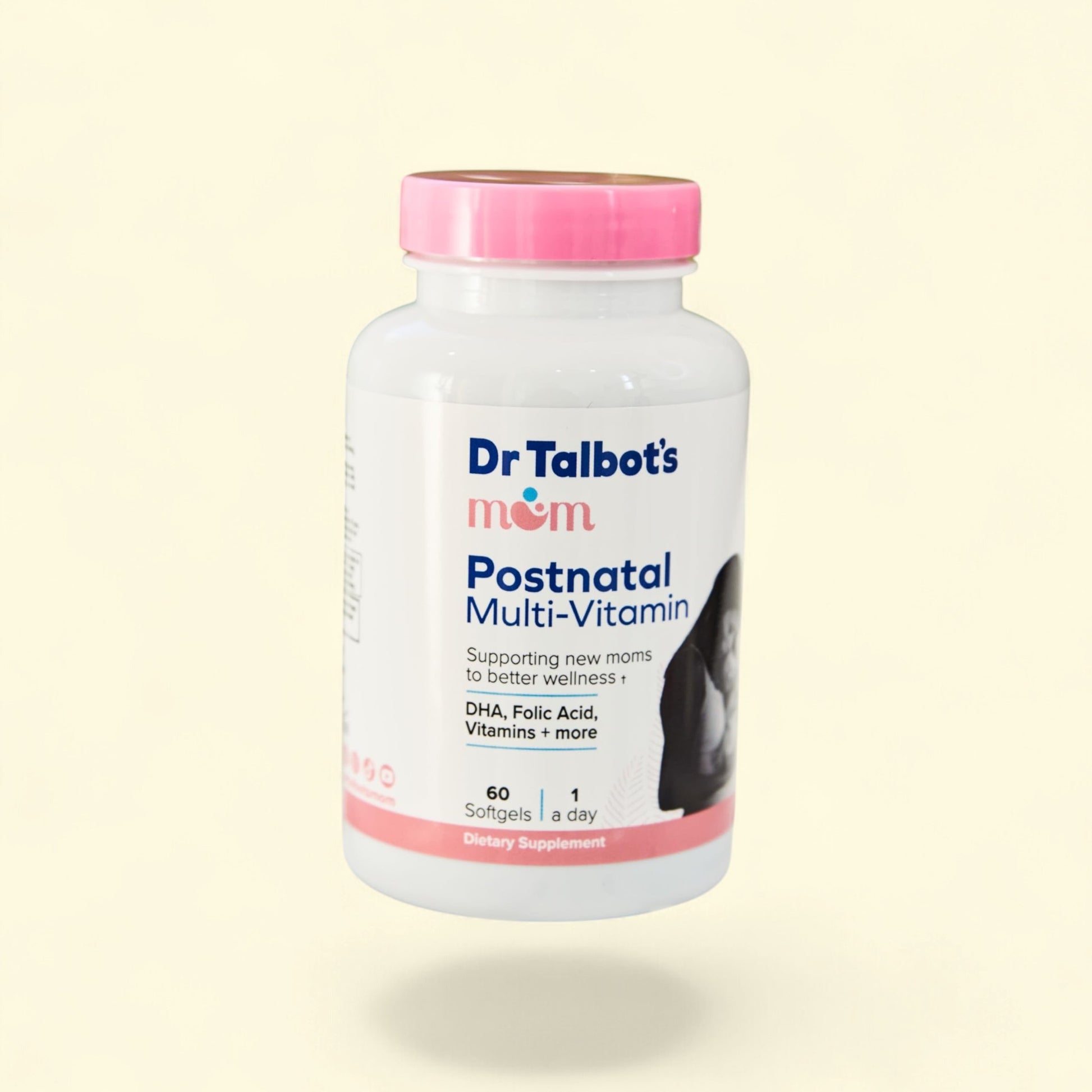 Dr. Talbot's Mom Postnatal Multi-Vitamin bottle with pink lid, supporting new moms with DHA, Folic Acid, and more.