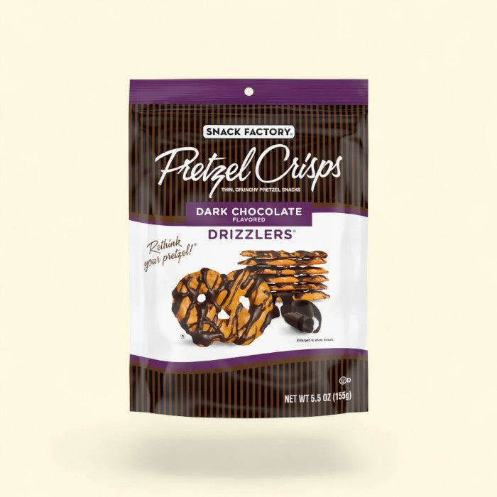 Treatspree Snack Factory Pretzel Crisps Drizzlers, thin, crunchy dark chocolate flavored pretzel snacks.