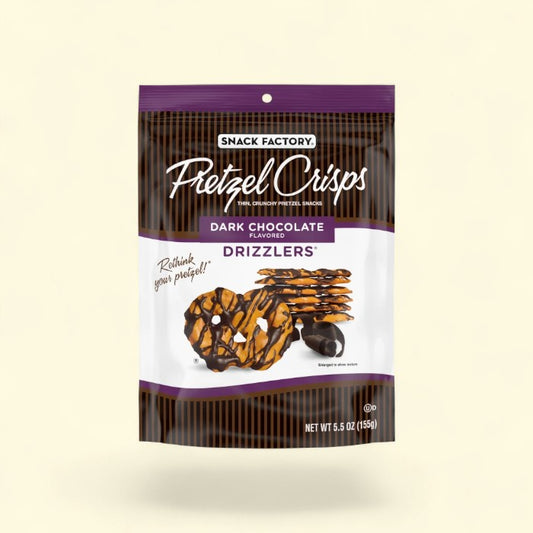 Treatspree Snack Factory Pretzel Crisps Drizzlers, thin, crunchy dark chocolate flavored pretzel snacks.