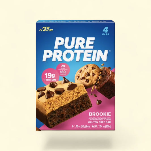 Treatspree Pure Protein Brookie Protein Bar, 4 count box. Features 19g protein, 2g sugar, 180 calories. Gluten-free.