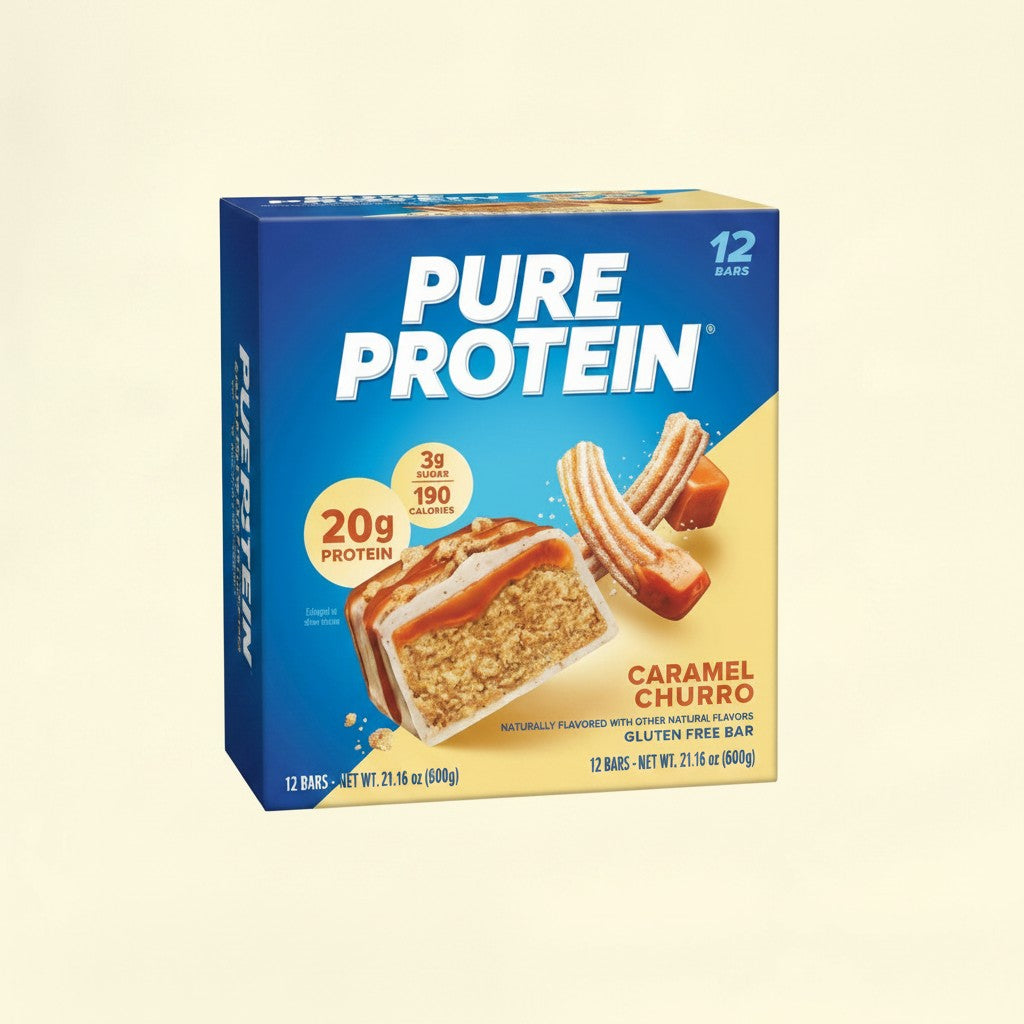 Treatspree Pure Protein Caramel Churro 20g protein bar, gluten-free, 12 count box and single bar shown.