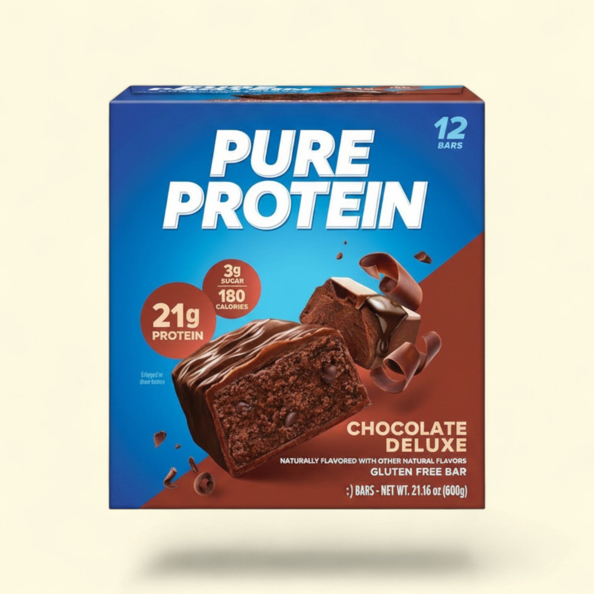 Treatspree Pure Protein Chocolate Deluxe protein bar, 21g protein, 3g sugar, 180 calories, gluten-free.