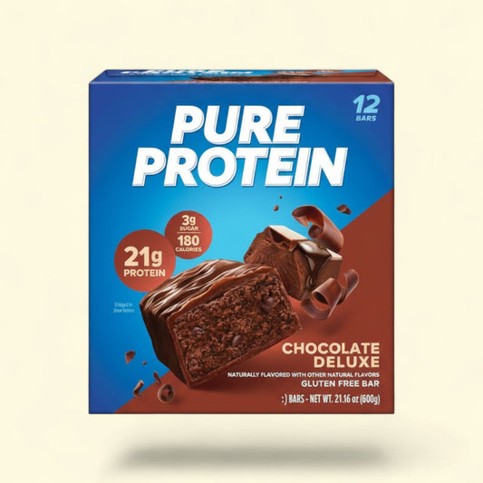 Treatspree Pure Protein Chocolate Deluxe protein bar, 21g protein, 3g sugar, 180 calories, gluten-free.