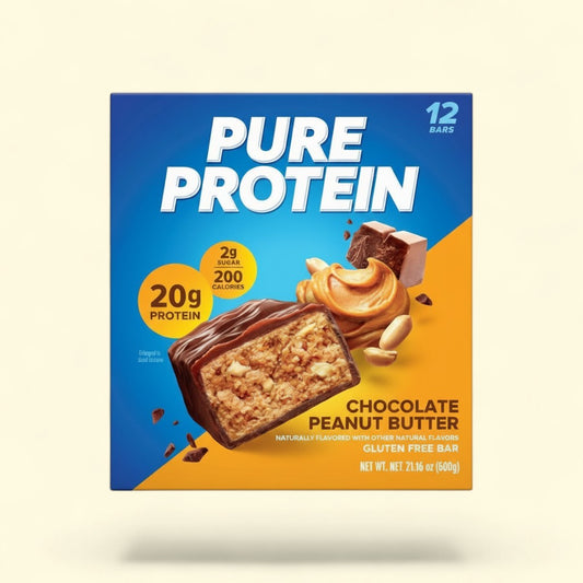 Treatspree Pure Protein Chocolate Peanut Butter bar with 20g protein and 2g sugar. Gluten-free.