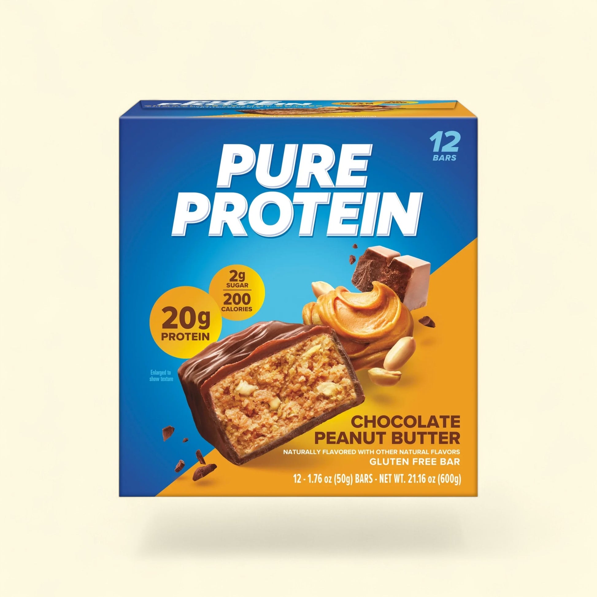 Treatspree Pure Protein Chocolate Peanut Butter bars, 12 count box. Each bar has 20g protein and 2g sugar.