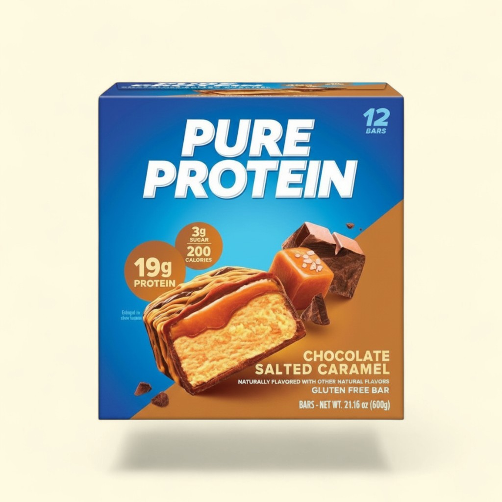 Treatspree Pure Protein Chocolate Salted Caramel protein bar, 19g protein, 3g sugar, 200 calories, gluten-free.