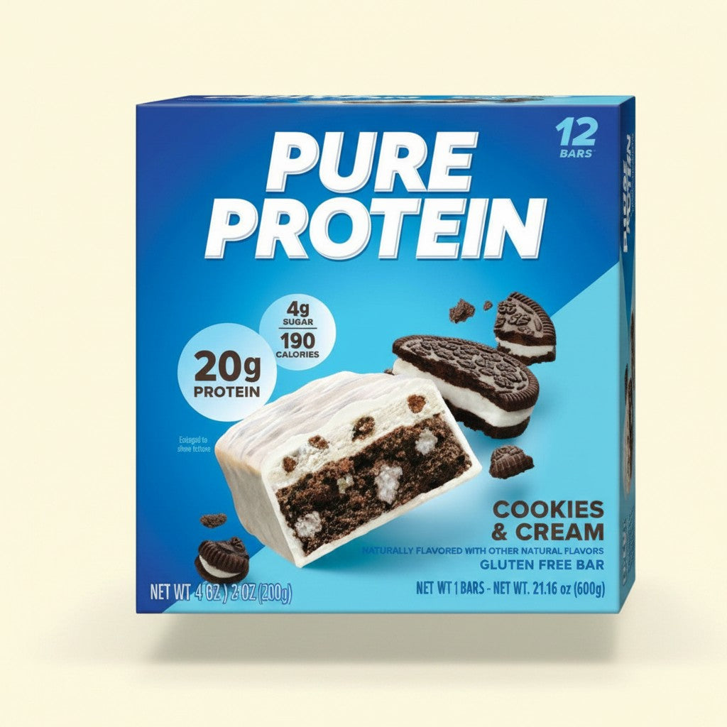 Treatspree Pure Protein Cookies & Cream protein bar, 20g protein, 4g sugar, 190 calories, gluten-free.