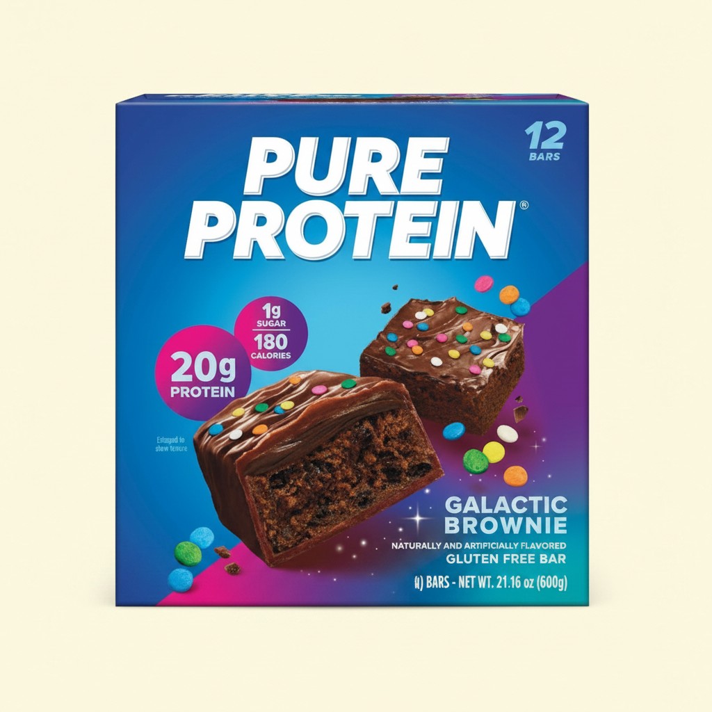 Treatspree Pure Protein Galactic Brownie protein bars, 12 count box and one bar shown, 20g protein, 1g sugar, 180 calories.