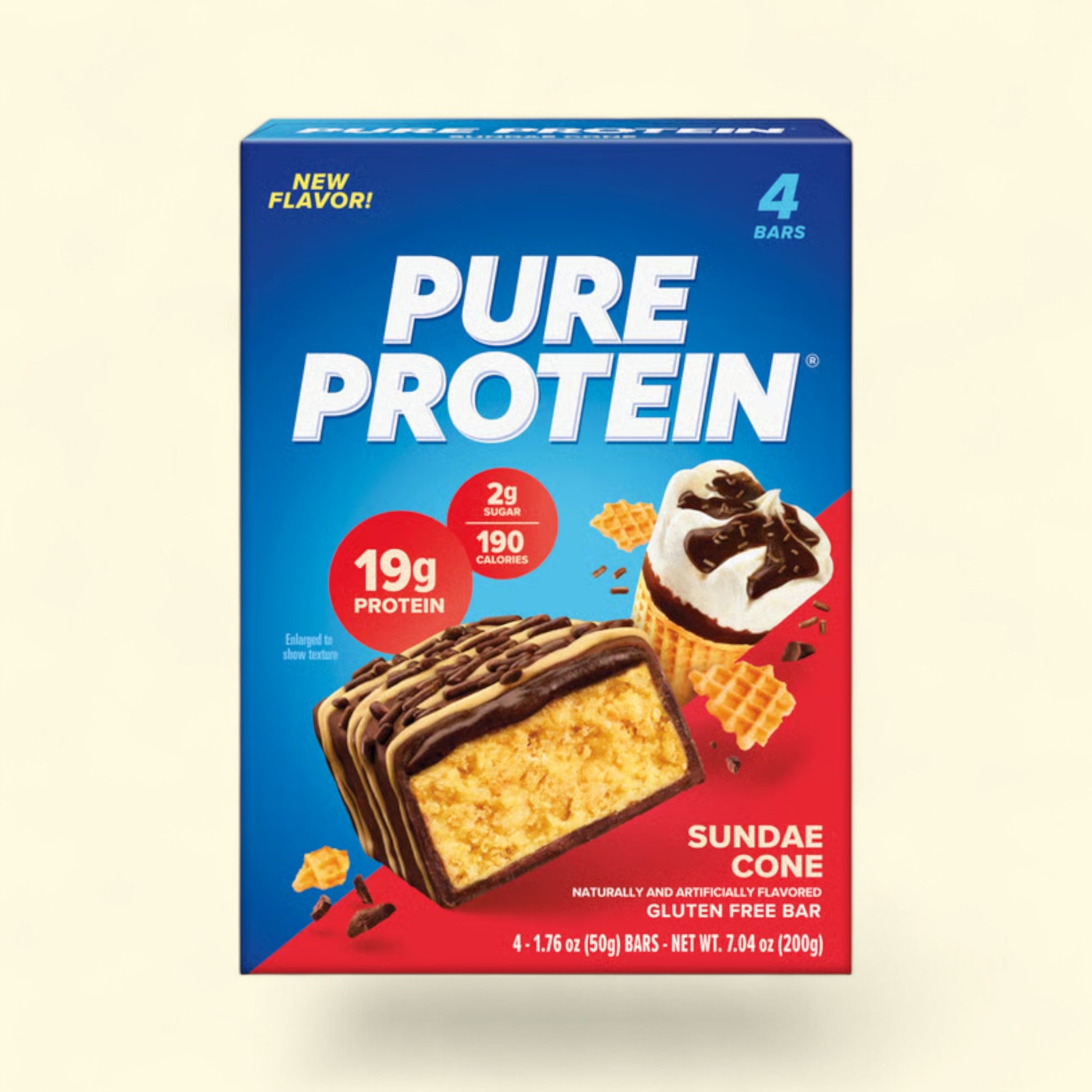 Treatspree Pure Protein Sundae Cone protein bars, 4-count box. Features 19g protein, 2g sugar, 190 calories. Gluten-free.