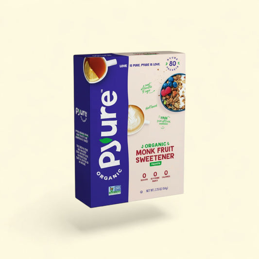 Treatspree Pyure Organic Monk Fruit Blend Sweetener packets, a zero sugar, zero calorie alternative to sugar.