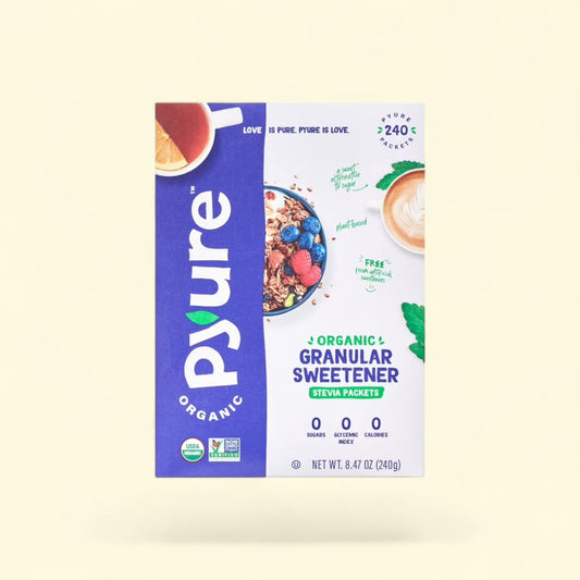 Treatspree Pyure Organic Stevia Granular Sweetener Packets, 240 count. Zero sugar, zero glycemic index, zero calories.