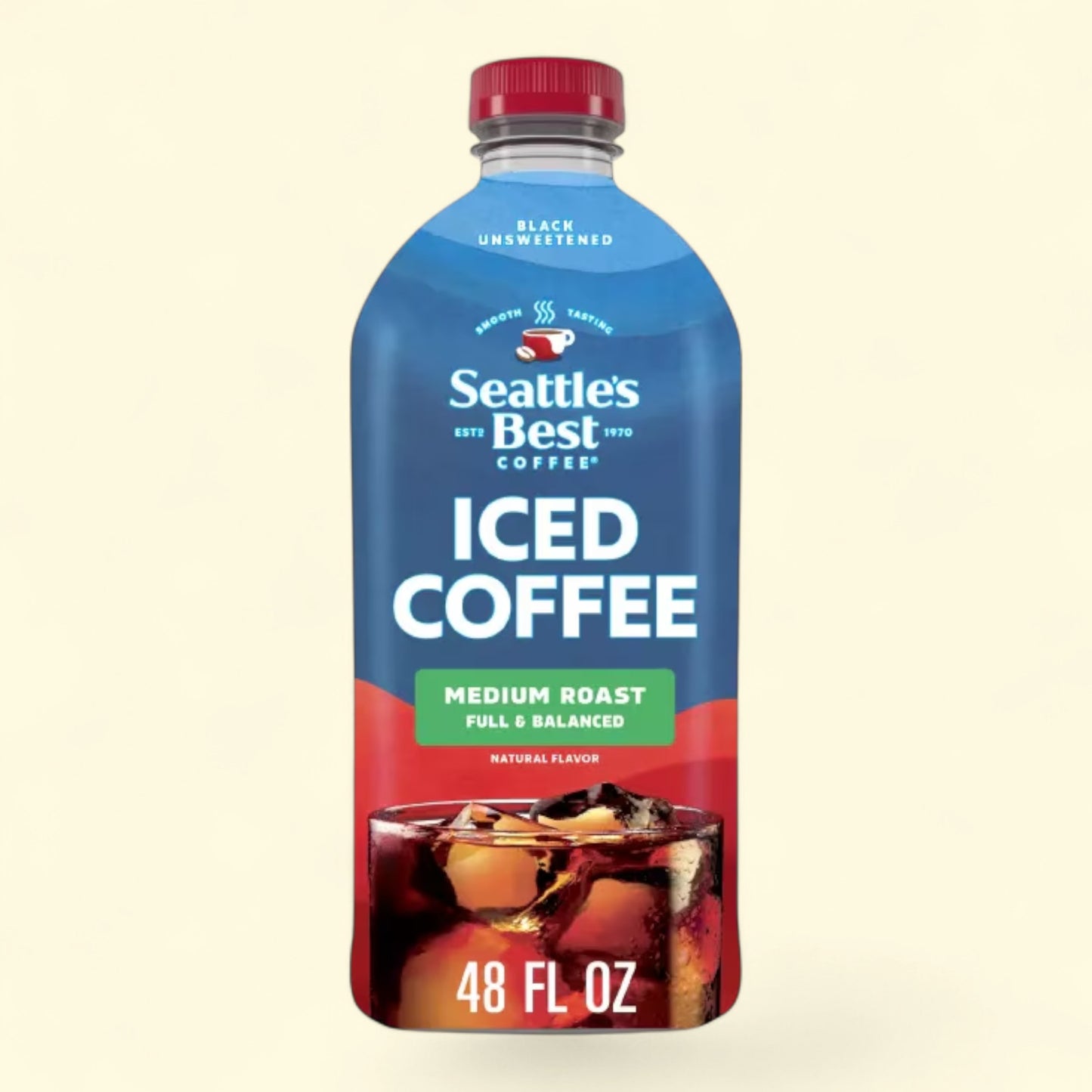 Treatspree Seattle's Best Iced Coffee, medium roast, black, unsweetened, 48 fl oz bottle with ice and coffee visible at the bottom.