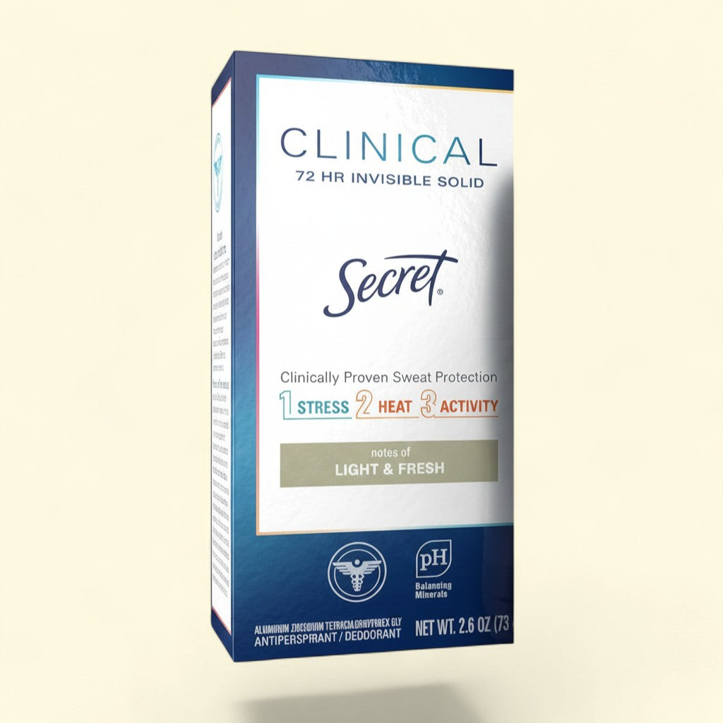 Secret Clinical Invisible Solid Antiperspirant and Deodorant for Women, Light & Fresh scent, 2.6 oz. Provides 72-hour sweat protection.
