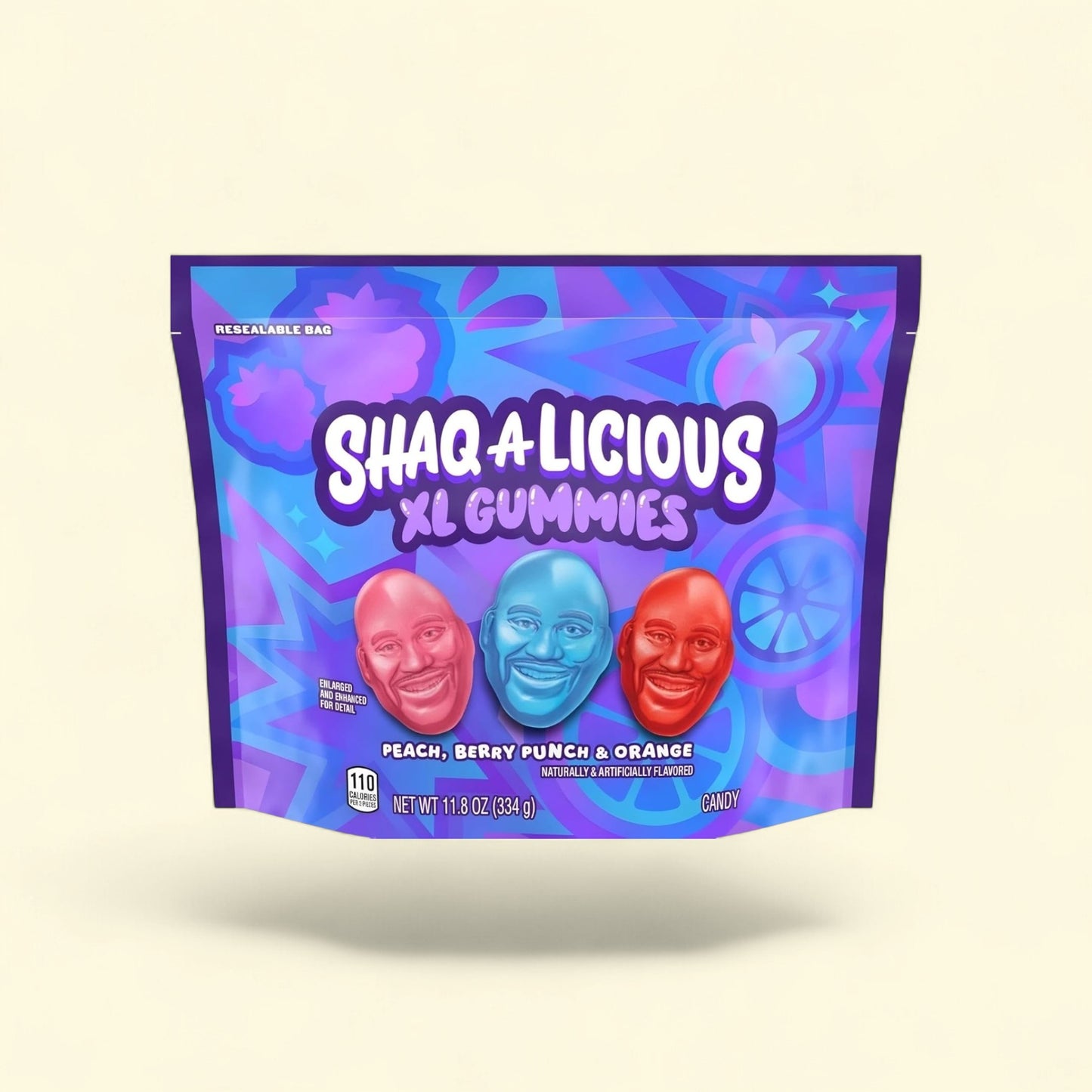 Treatspree SHAQ-A-LICIOUS XL Gummies pouch featuring three large gummies shaped like Shaquille O'Neal's face in red, blue, and orange.