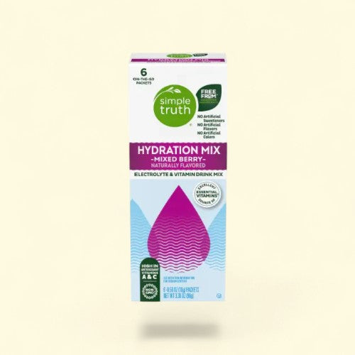 Treatspree Simple Truth Electrolyte Mixed Berry Hydration Mix packets. Contains 6 on-the-go packets. High in antioxidant vitamins A & C.