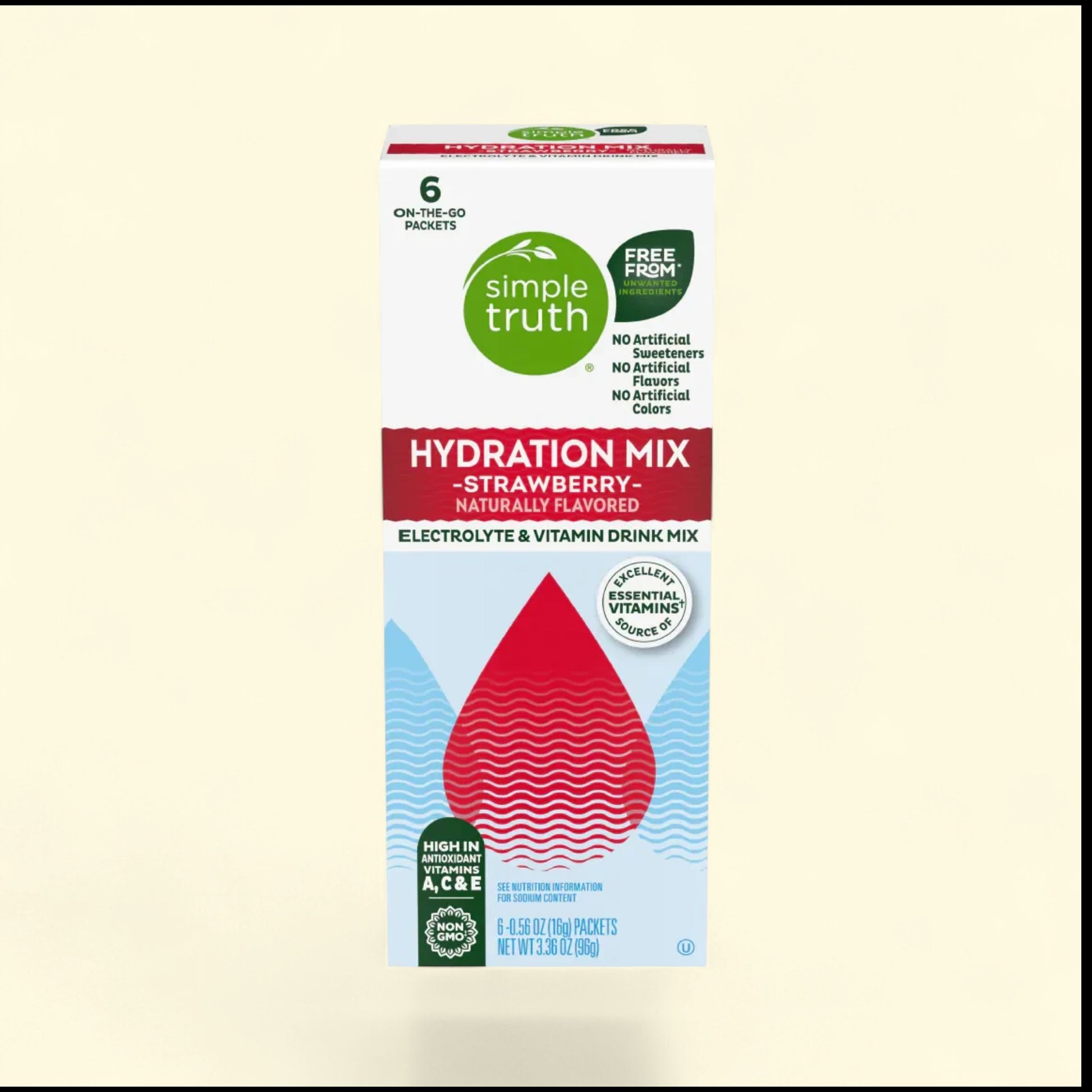 Treatspree Simple Truth Strawberry Hydration Mix packets are naturally flavored, free from artificial ingredients, and high in antioxidant vitamins A, C, & E.