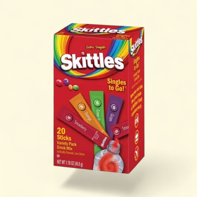 Treatspree Skittles Singles to Go! Variety Pack drink mix packets, 20 sticks, zero sugar, low calorie, artificial flavors, gluten-free.