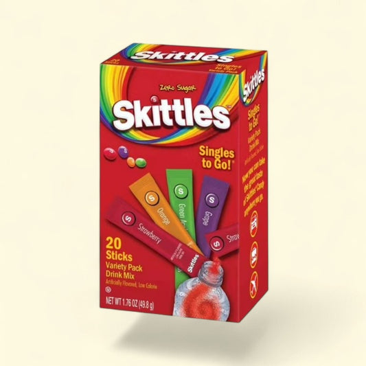 Treatspree Skittles Singles to Go! Variety Pack drink mix packets, 20 sticks, zero sugar, low calorie, artificial flavors, gluten-free.