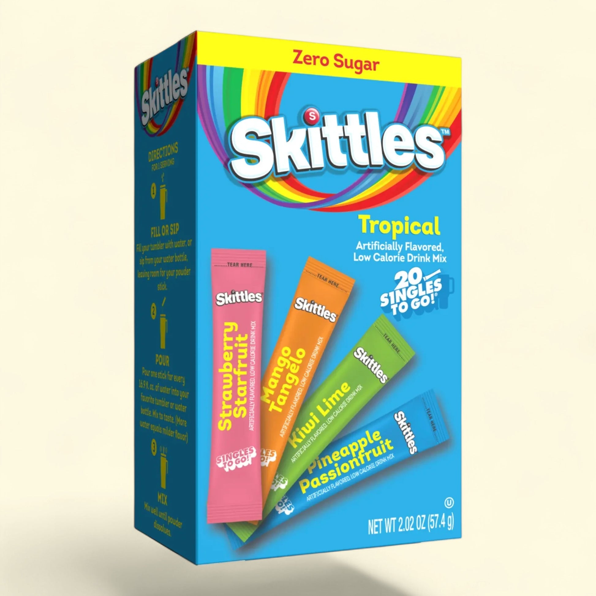 Treatspree Skittles Singles to Go Tropical Variety Pack, 20 zero sugar, low calorie drink mix packets in Strawberry Starfruit, Mango Tangelo, Kiwi Lime, Pineapple Passionfruit flavors.