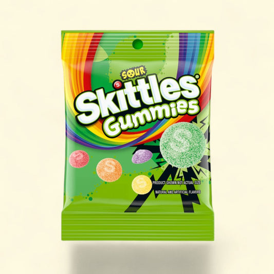 Treatspree Skittles Sour Gummies 5.8 oz bag featuring assorted sour fruit flavors like strawberry, green apple, lemon, orange, and grape.