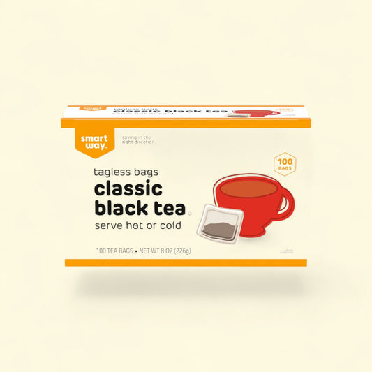 Treatspree Smart Way classic black tea tagless tea bags, 100 count. Serve hot or cold.