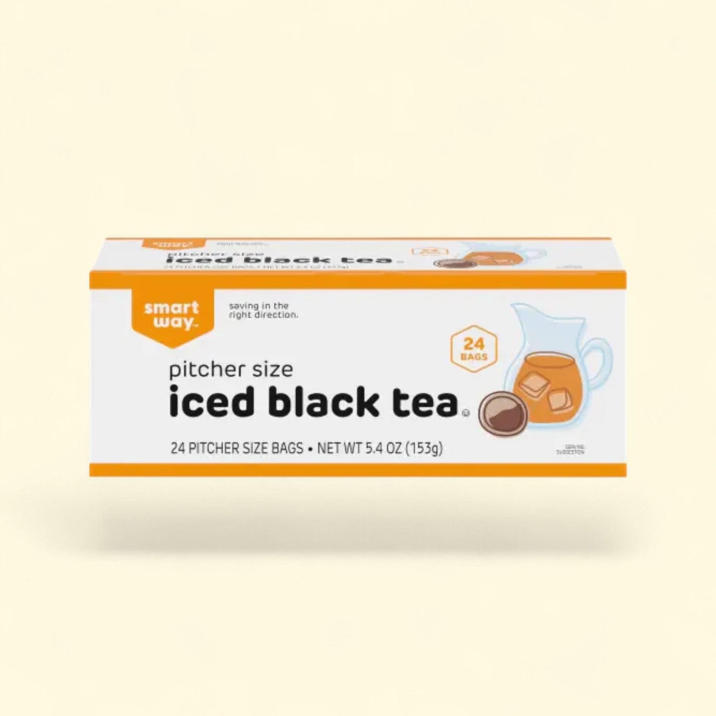Treatspree Smart Way pitcher size iced black tea bags, 24 count. Box features a graphic of a pitcher filled with iced tea.