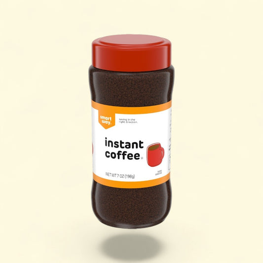 Treatspree Smart Way Instant Coffee, 7 oz jar with red lid. Rich, dark coffee granules fill the clear plastic container.