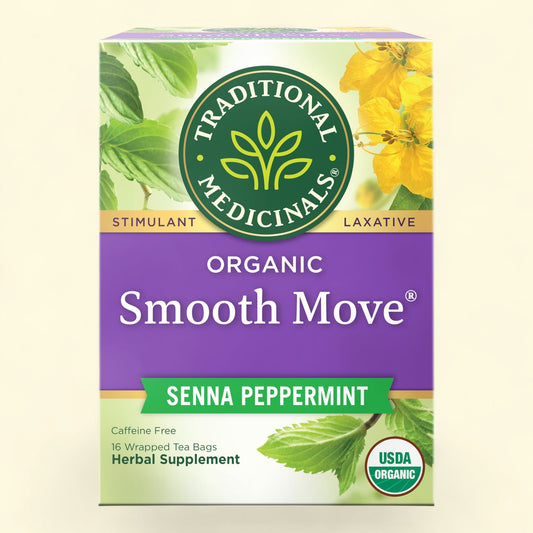 Treatspree Traditional Medicinals Organic Smooth Move Senna Peppermint tea box. Caffeine-free herbal supplement, 16 wrapped tea bags.