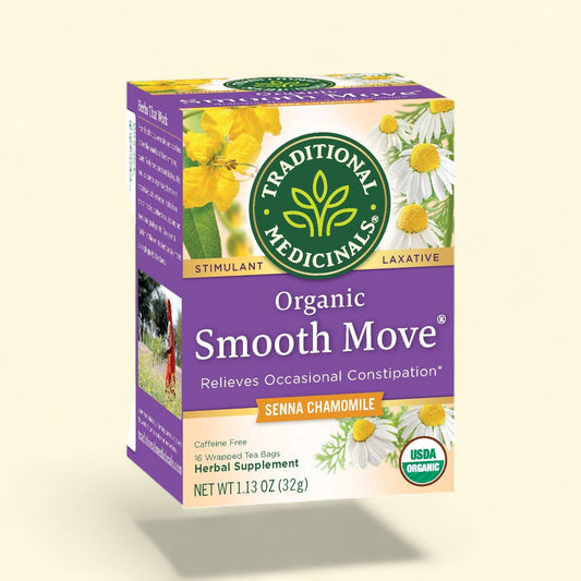 Treatspree Traditional Medicinals Organic Smooth Move Senna Chamomile tea box, 16 bags, caffeine-free herbal supplement.