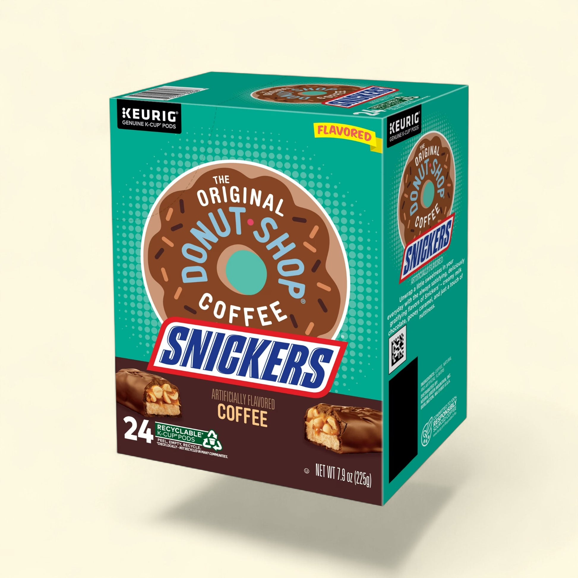 Treatspree The Original Donut Shop Snickers flavored K-Cup coffee pods, 24 count. Light roast coffee with chocolate, caramel, and nut flavors.