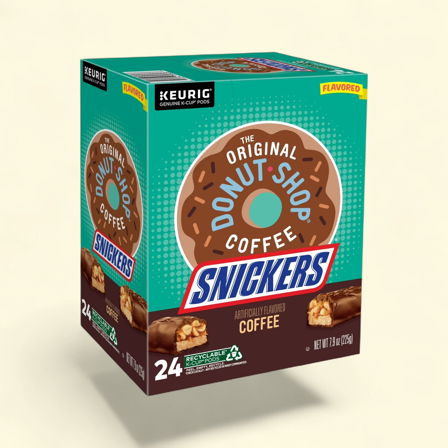 Treatspree The Original Donut Shop Snickers Light Roast K-Cup Coffee Pods, 24 count box with donut and candy bar graphics.