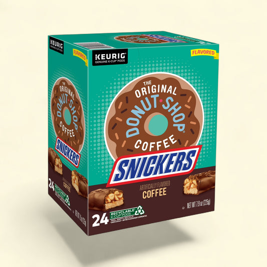 Treatspree The Original Donut Shop Snickers Light Roast K-Cup Coffee Pods, 24 count box with donut and candy bar graphics.