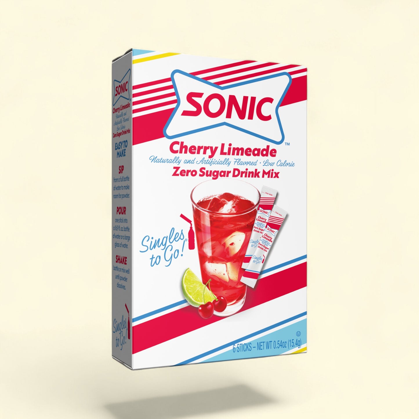Treatspree Sonic Singles to Go Zero Sugar Cherry Limeade Drink Mix Packets, 6 count box with a glass of cherry limeade.