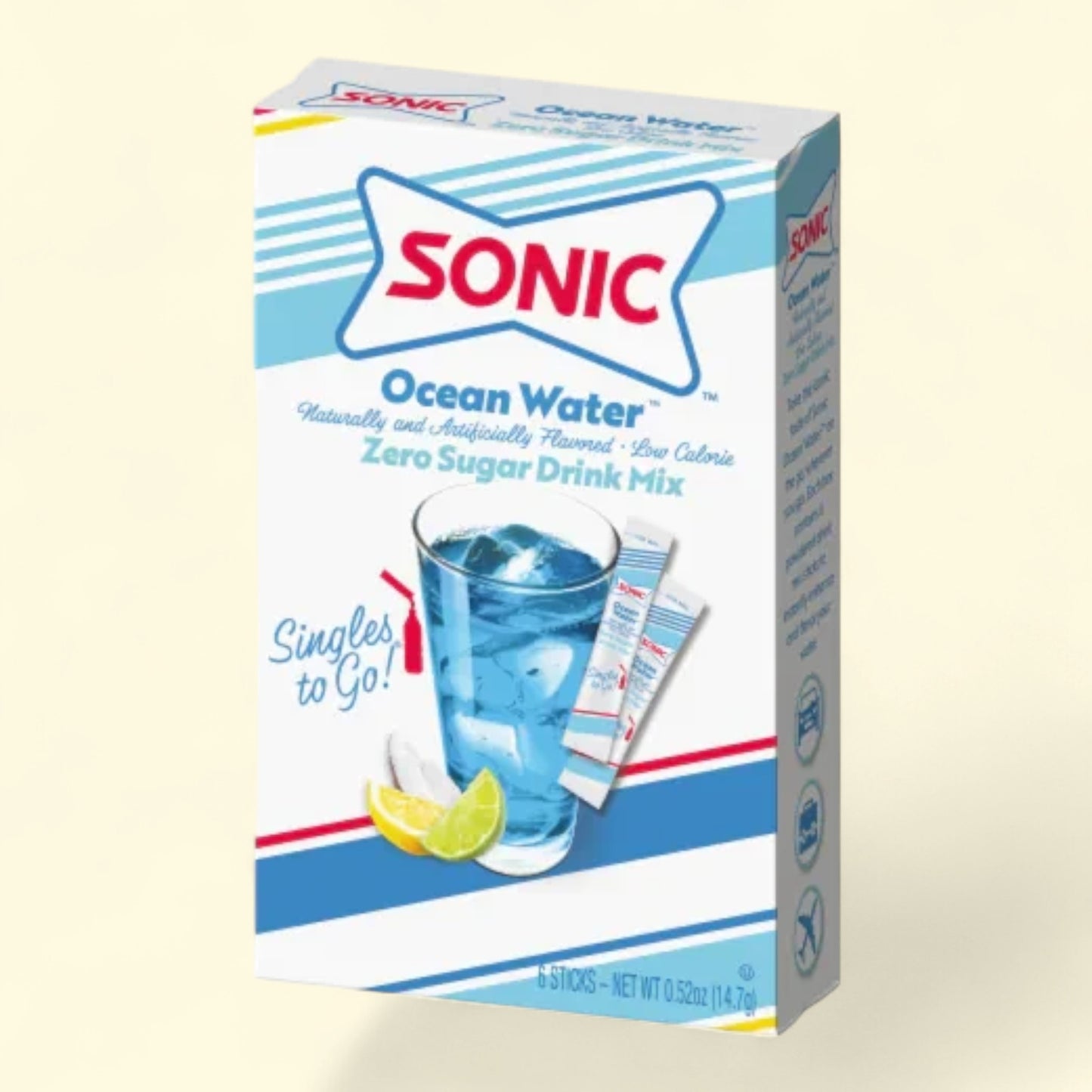 Treatspree Sonic Ocean Water Zero Sugar Drink Mix packets, 6 sticks, blue drink with ice and lemon slices