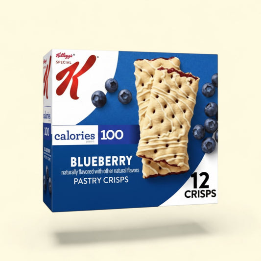Treatspree Special K Blueberry Pastry Crisps, 12 count box and single serving package. Crisps are golden brown with a blueberry filling and white icing drizzle.
