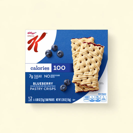 Treatspree Special K Blueberry Pastry Crisps, 100 calories per pouch, drizzled with icing.