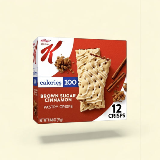 Treatspree Special K Brown Sugar Cinnamon Pastry Crisps, 12ct box with two pastry crisps shown, drizzled with icing.