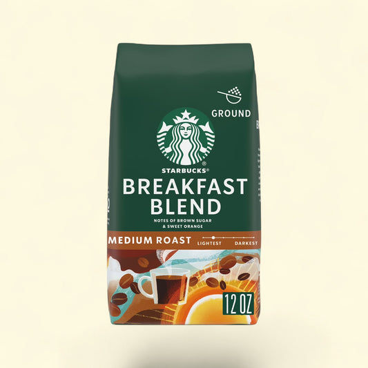Treatspree Starbucks Breakfast Blend medium roast ground coffee, 12 oz bag with notes of brown sugar and sweet orange.