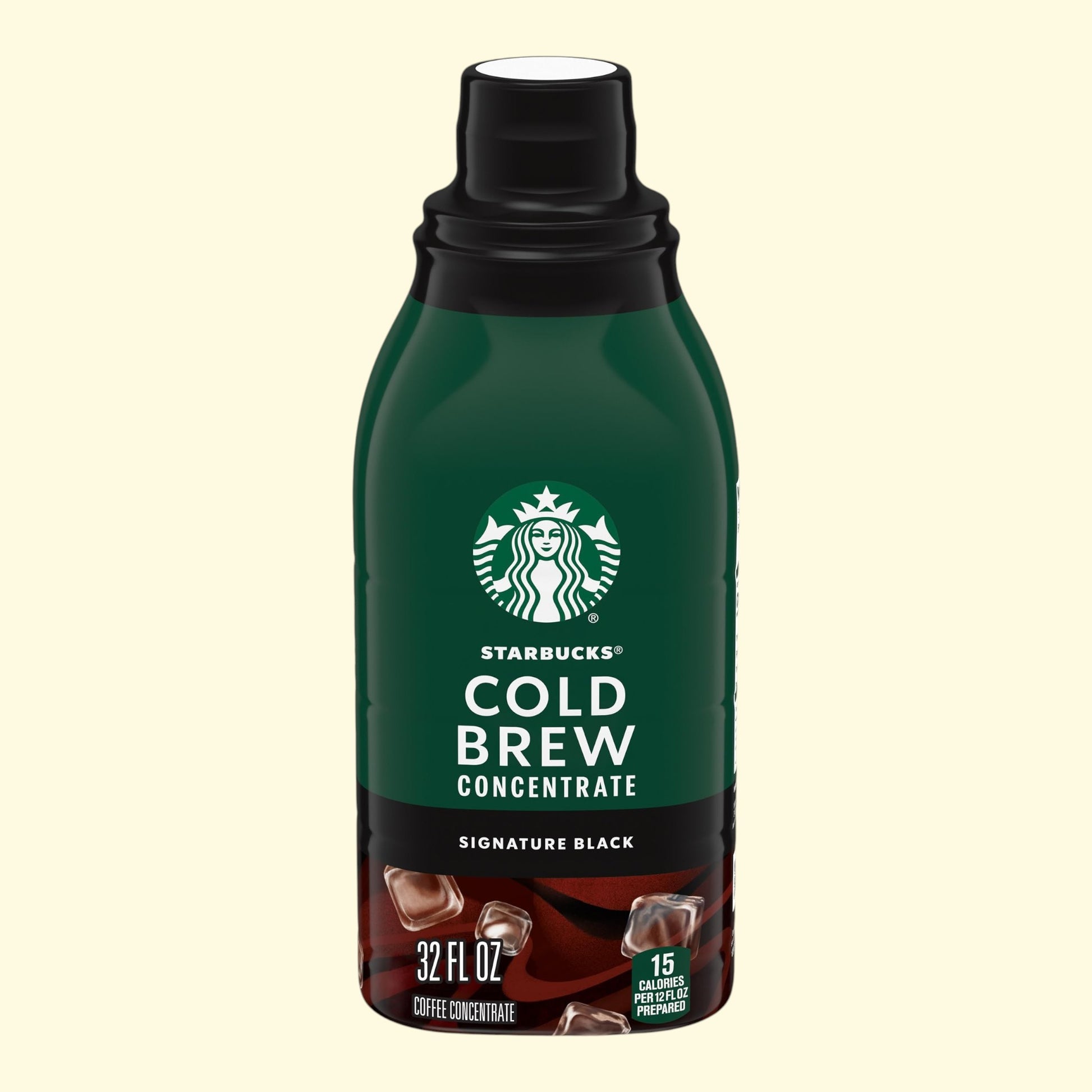 Treatspree Starbucks Cold Brew Coffee Concentrate, Signature Black, 32 fl oz bottle with ice cubes graphic.