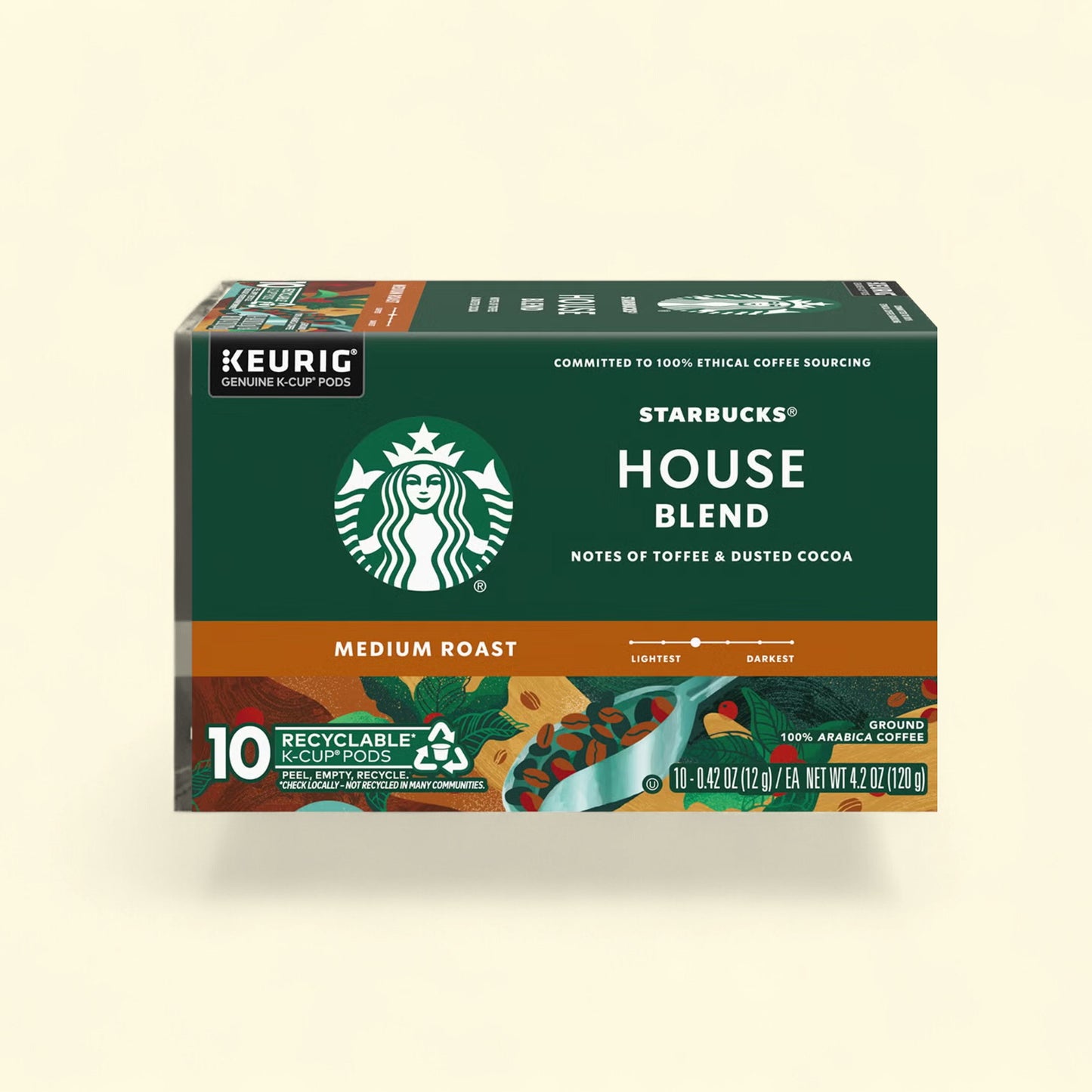 Treatspree Starbucks House Blend Decaf Medium Roast K-Cup Coffee Pods, 10 ct. Notes of toffee and dusted cocoa.