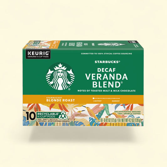 Treatspree Starbucks Decaf Veranda Blend Blonde Roast K-Cup Coffee Pods, 10 count. Notes of toasted malt and milk chocolate.