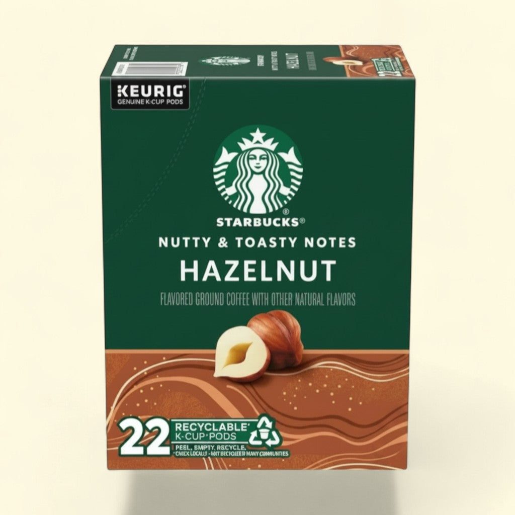 Treatspree Starbucks Hazelnut flavored ground coffee K-Cup pods, 22 count. Light roast with nutty and toasty notes.